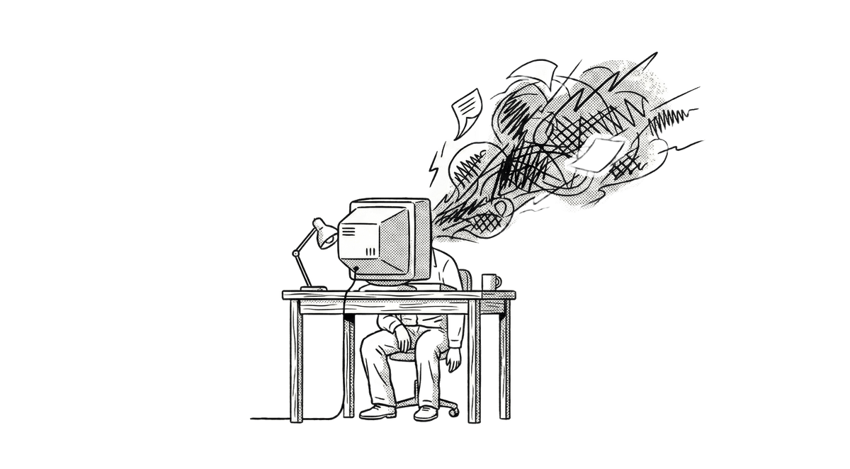 Digital Chaos - vintage illustration of developer overwhelmed by information
